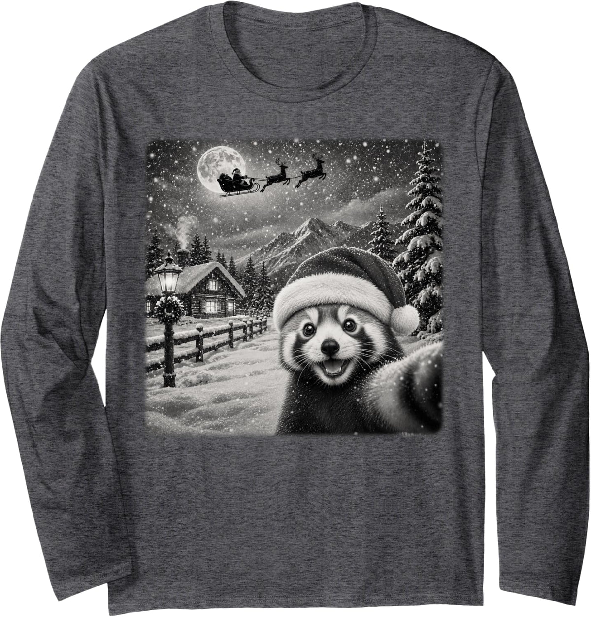 Xmas Moon Night Starry Santa Sleigh Fun Red Panda Christmas Long Sleeve T-Shirt - Adult Unisex Dark Heather Grey