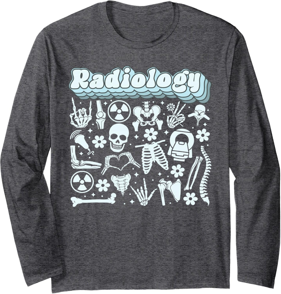 Retro Radiology X-ray Rad Tech Skeleton MRI Tech Graduation Long Sleeve T-Shirt - Adult Unisex Dark Heather Grey