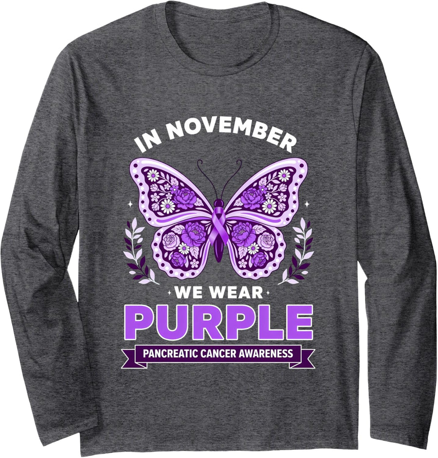 in November We Wear Purple Pancreatic Cancer Awareness Long Sleeve T-Shirt - Adult Unisex Dark Heather Grey