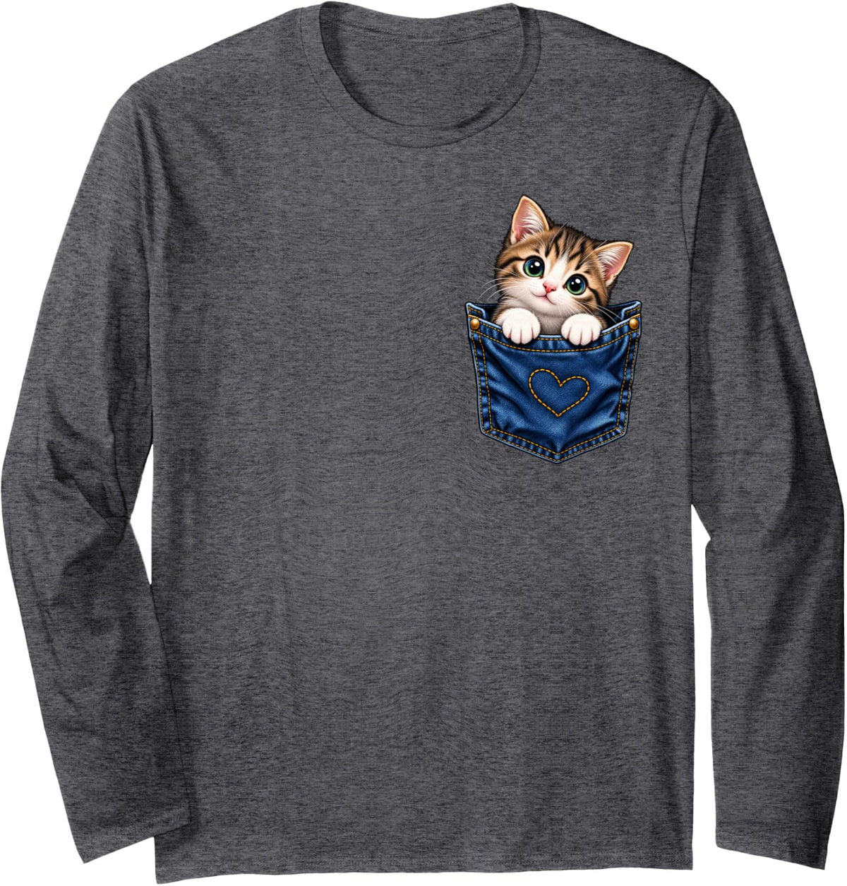 Cute Kitten in Denim Pocket with Heart Tabby Cat Lover Art Long Sleeve T-Shirt - Adult Unisex Dark Heather Grey