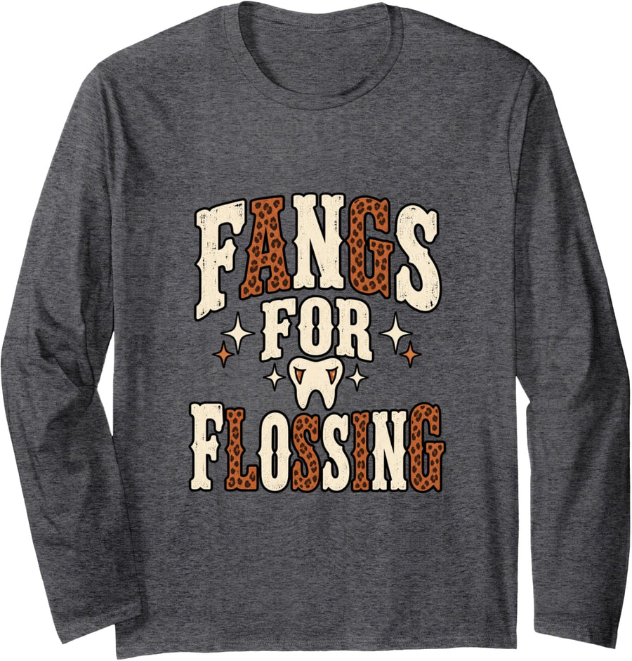 Funny Halloween Dentist Dental Hygienist Flossing Humor Long Sleeve T-Shirt - Adult Unisex Dark Heather Grey