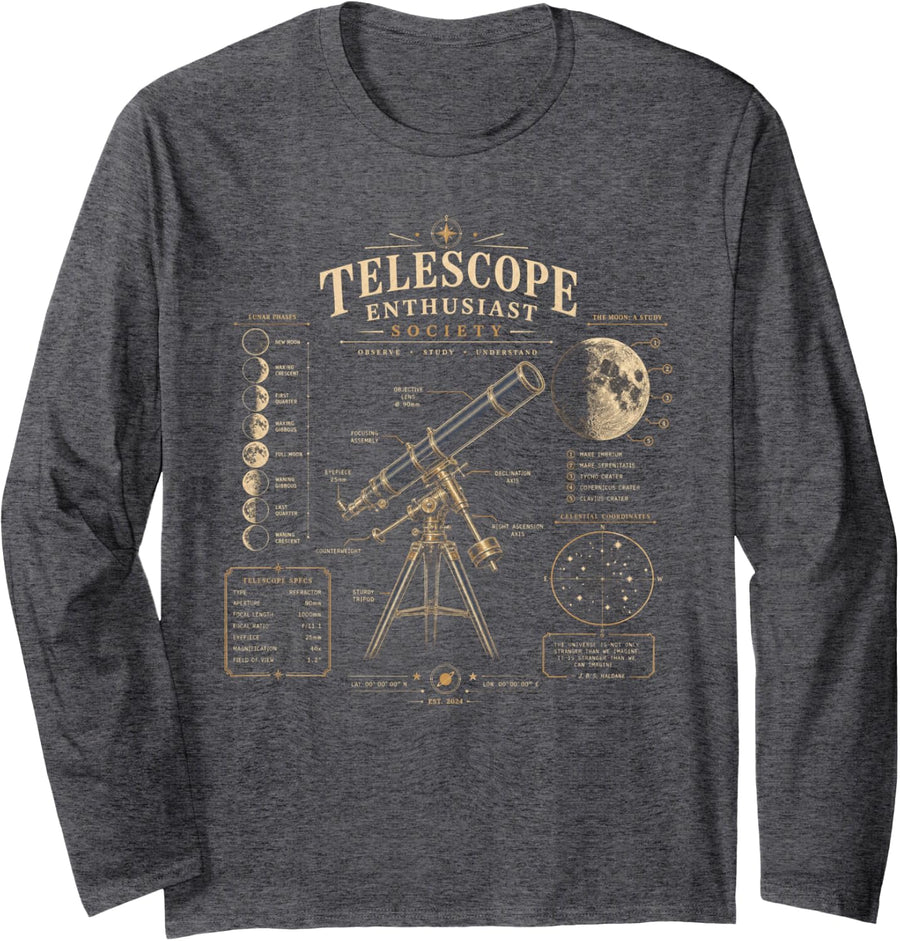 Telescope Enthusiast Society Stargazing Long Sleeve T-Shirt - Adult Unisex Dark Heather Grey