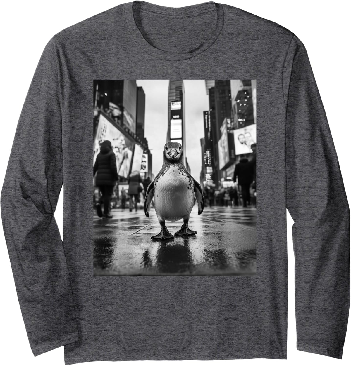 Penguin in Times Square T-Shirt - NYC Graphic Tee Long Sleeve T-Shirt - Adult Unisex Dark Heather Grey