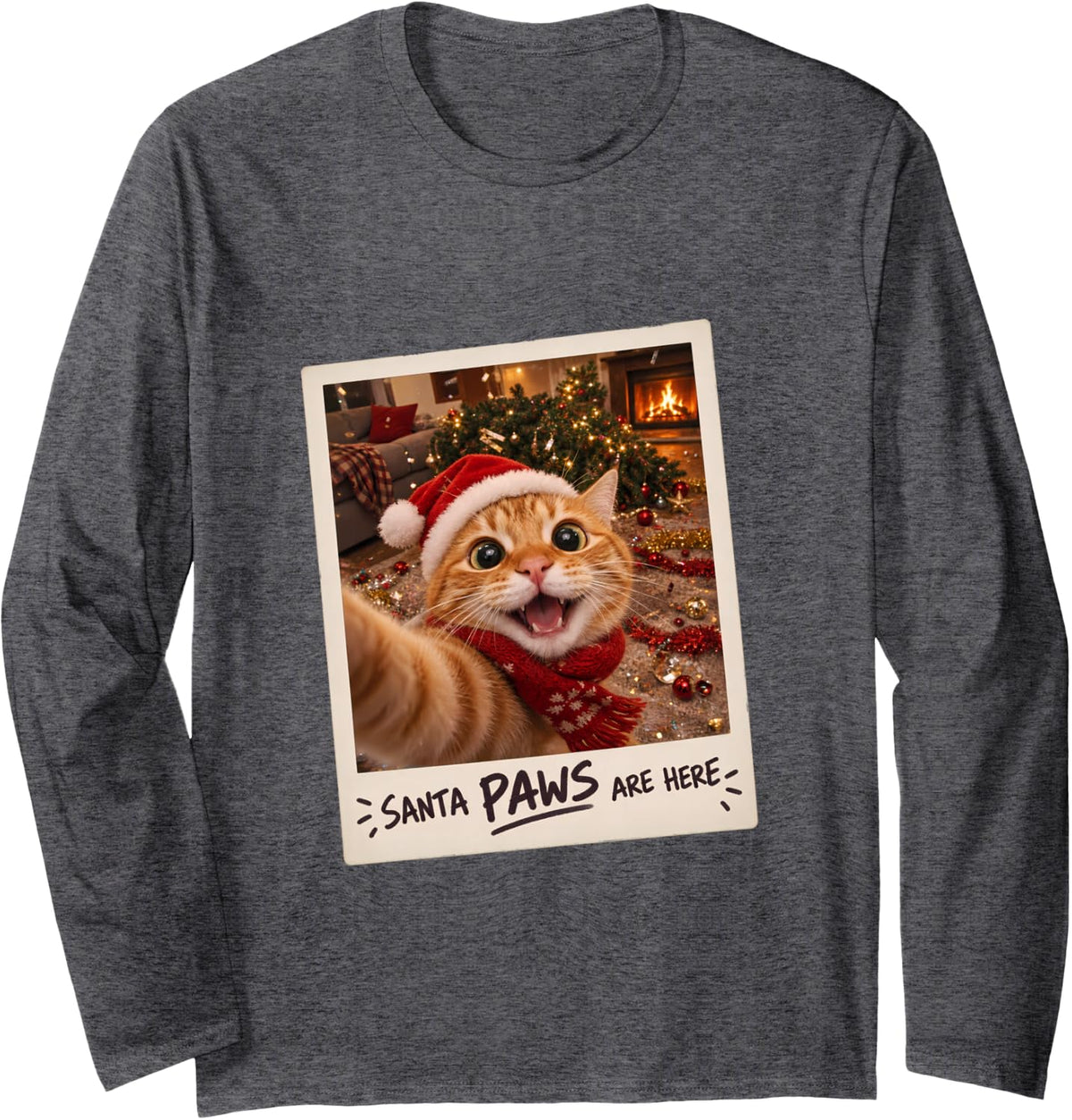 Santa Paws are Here Orange Tabby Cat Selfie Funny Long Sleeve T-Shirt - Adult Unisex Dark Heather Grey