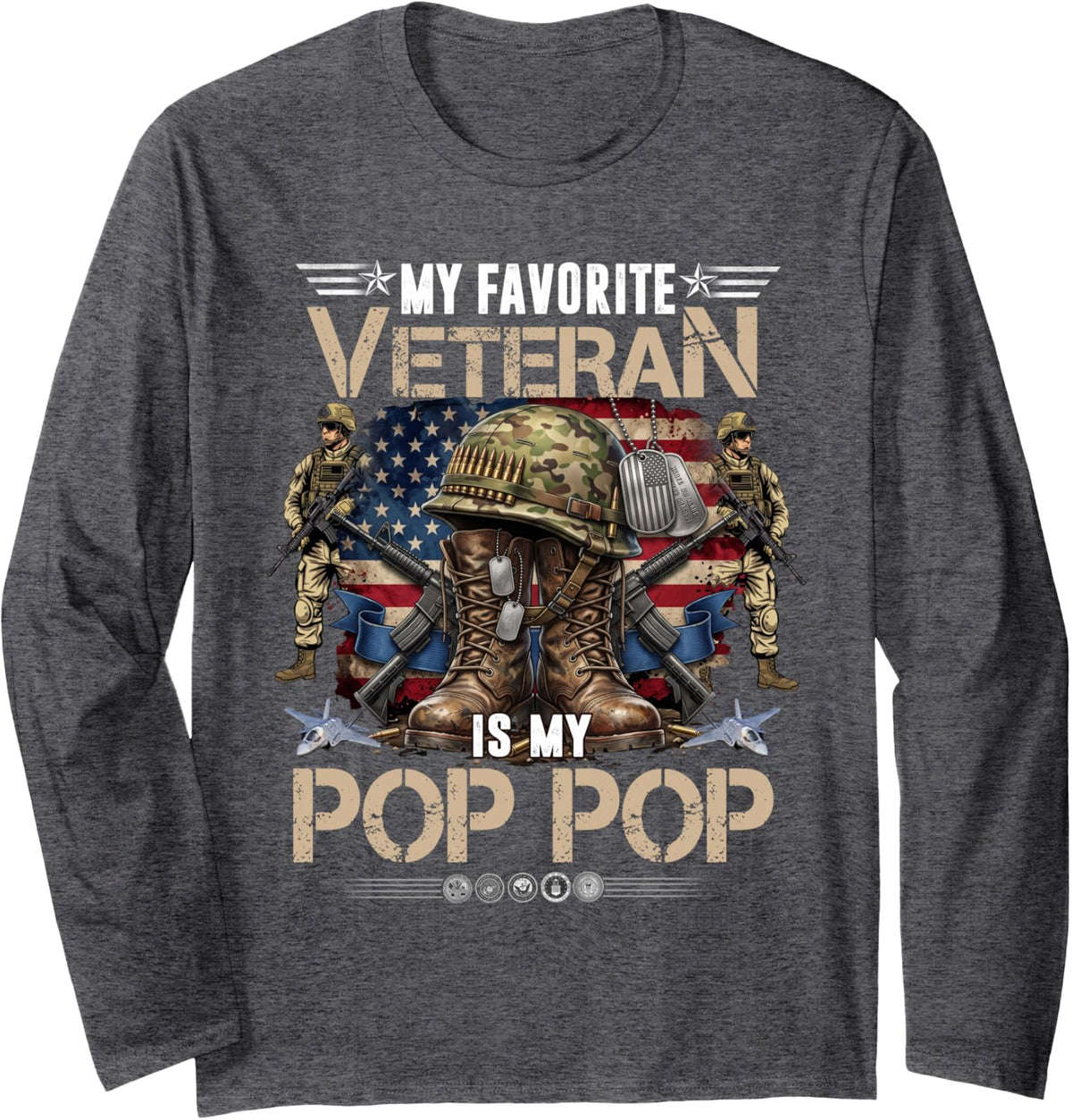 My Favorite Veteran is My Pop Pop Father's Day Veteran Day Long Sleeve T-Shirt - Adult Unisex Dark Heather Grey