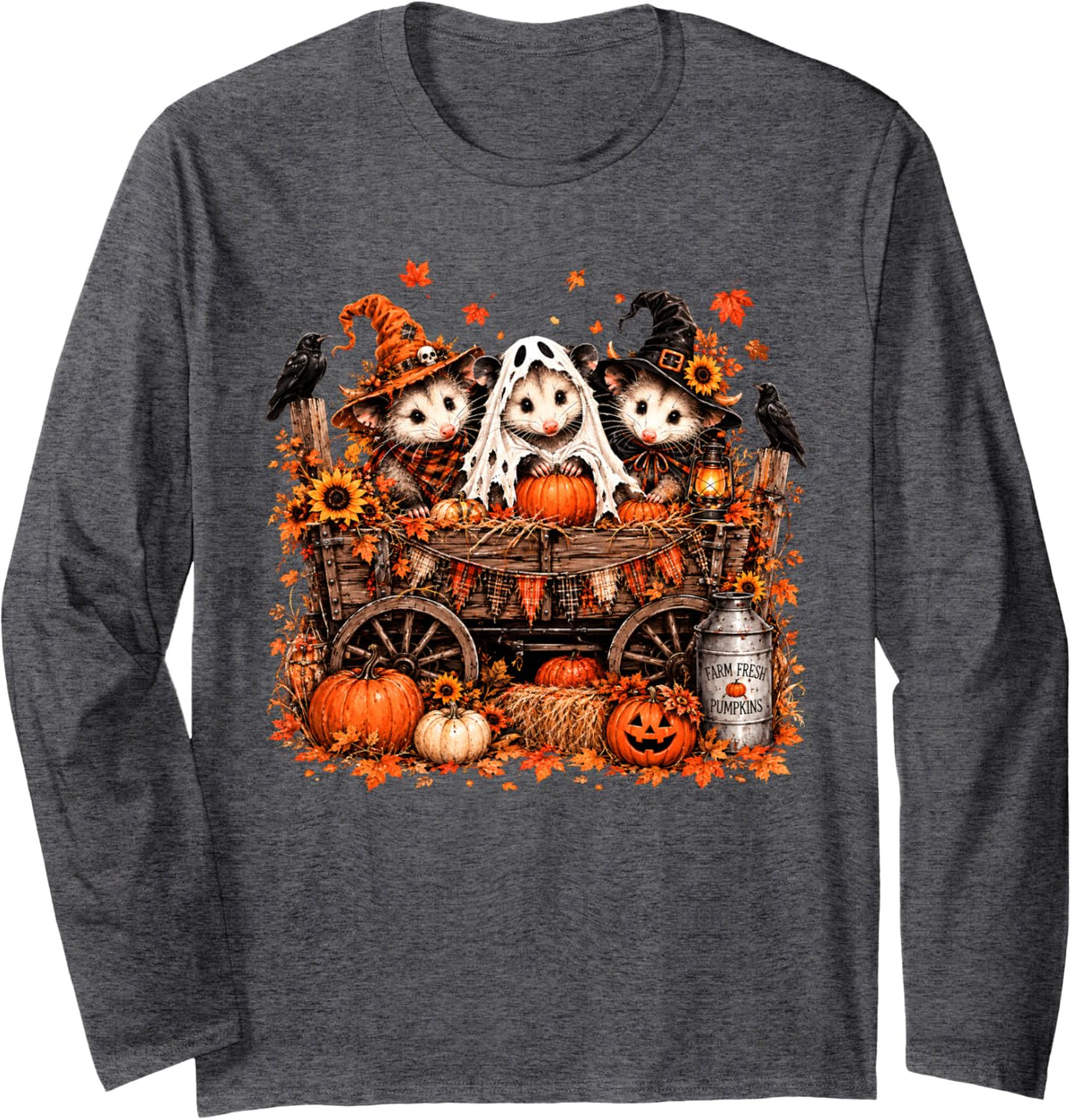 Opossum Possum Ghost Pumpkin Autumn Fall Halloween Costume Long Sleeve T-Shirt - Adult Unisex Dark Heather Grey