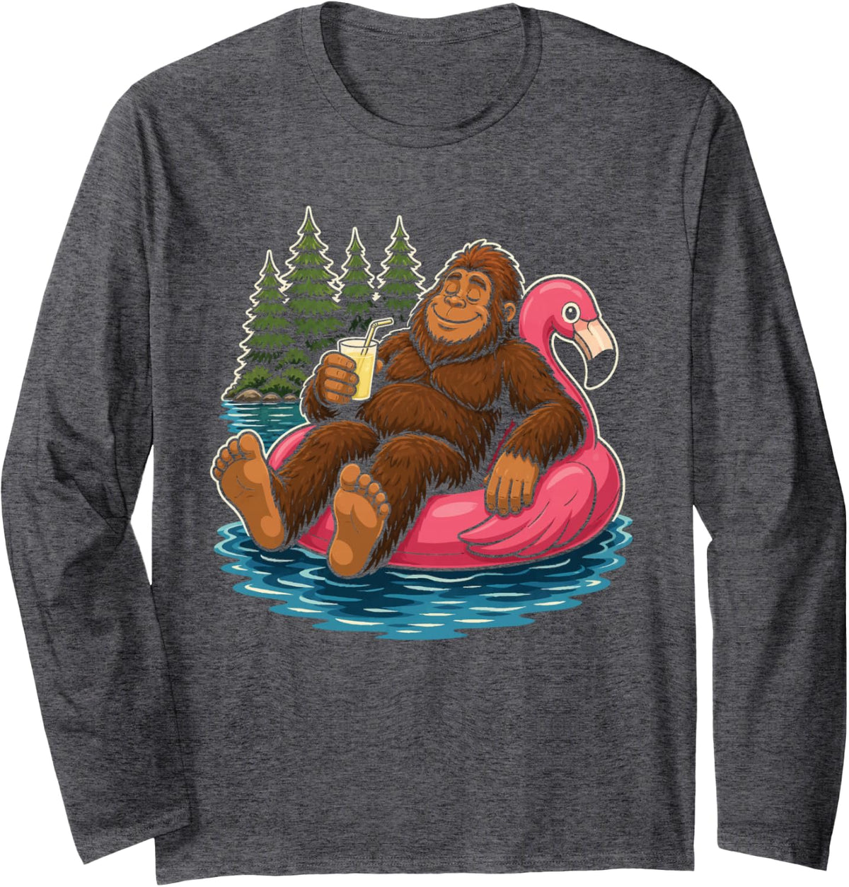 Bigfoot Summer Lake Flamingo Pool Float Funny Sasquatch Long Sleeve T-Shirt - Adult Unisex Dark Heather Grey