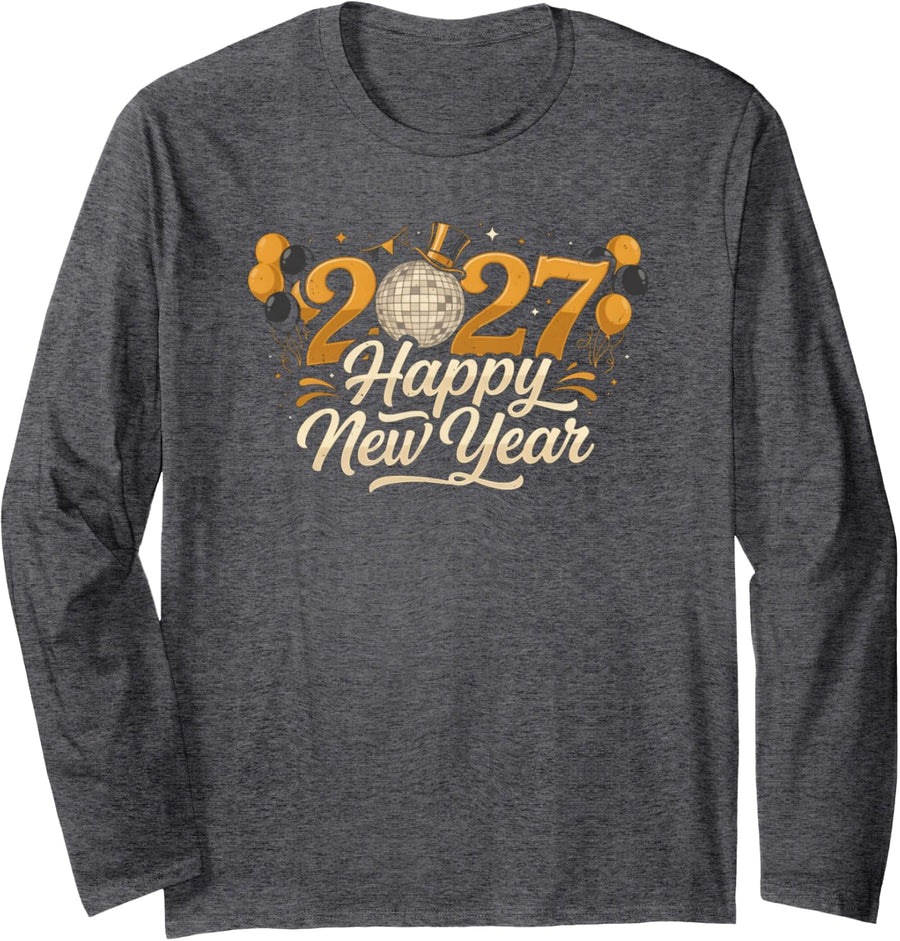 Happy New Year 2027 Retro Countdown Celebration Long Sleeve T-Shirt - Adult Unisex Dark Heather Grey