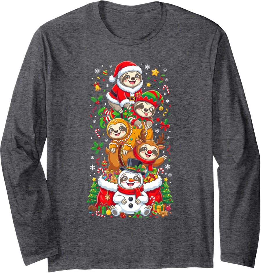 Funny Christmas Sloth Santa Elf Snowman Womens Mens Kids Long Sleeve T-Shirt - Adult Unisex Dark Heather Grey