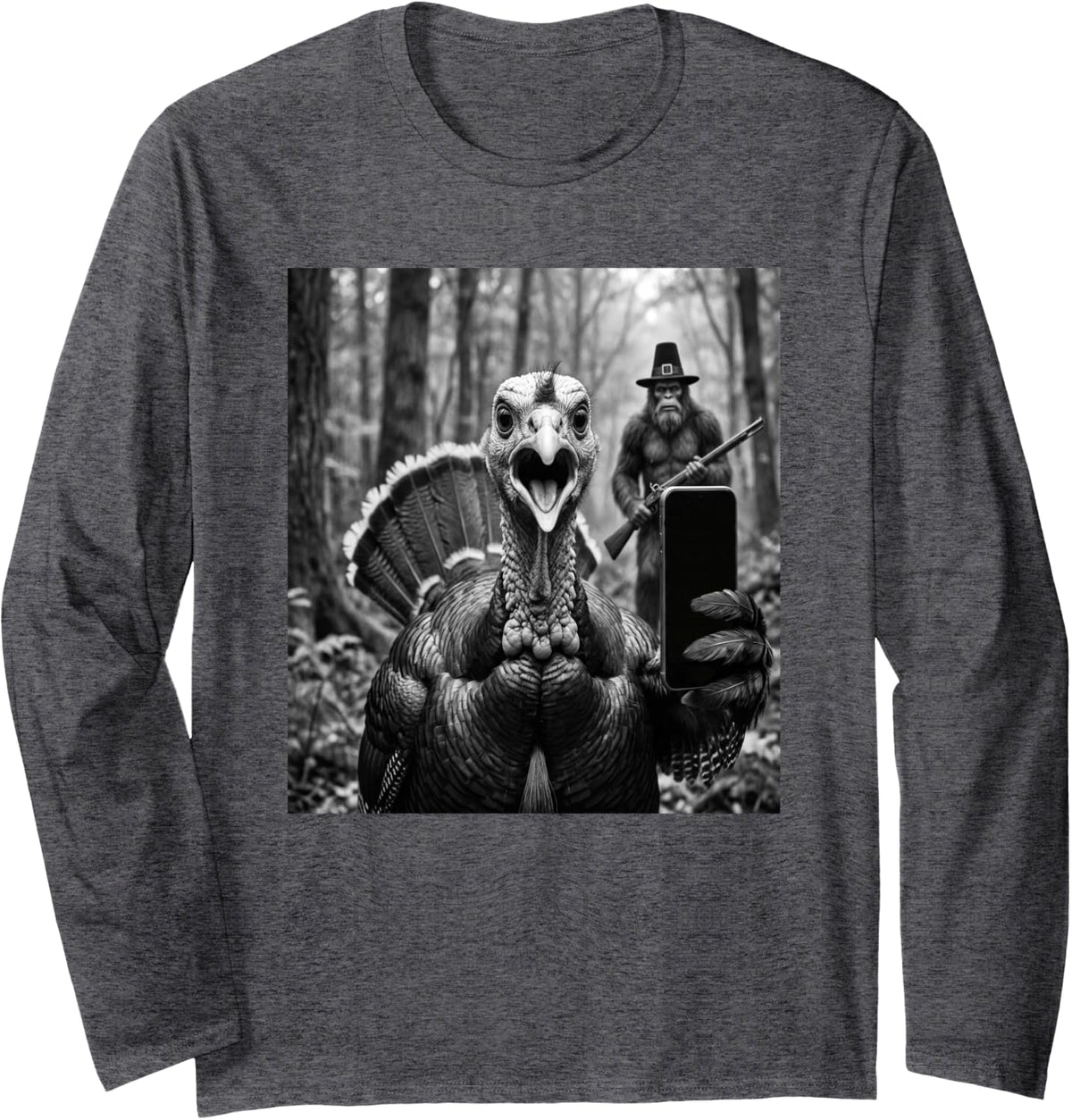 Turkey Selfie with Big Foot Hunting, Funny Thanksgiving Long Sleeve T-Shirt - Adult Unisex Dark Heather Grey
