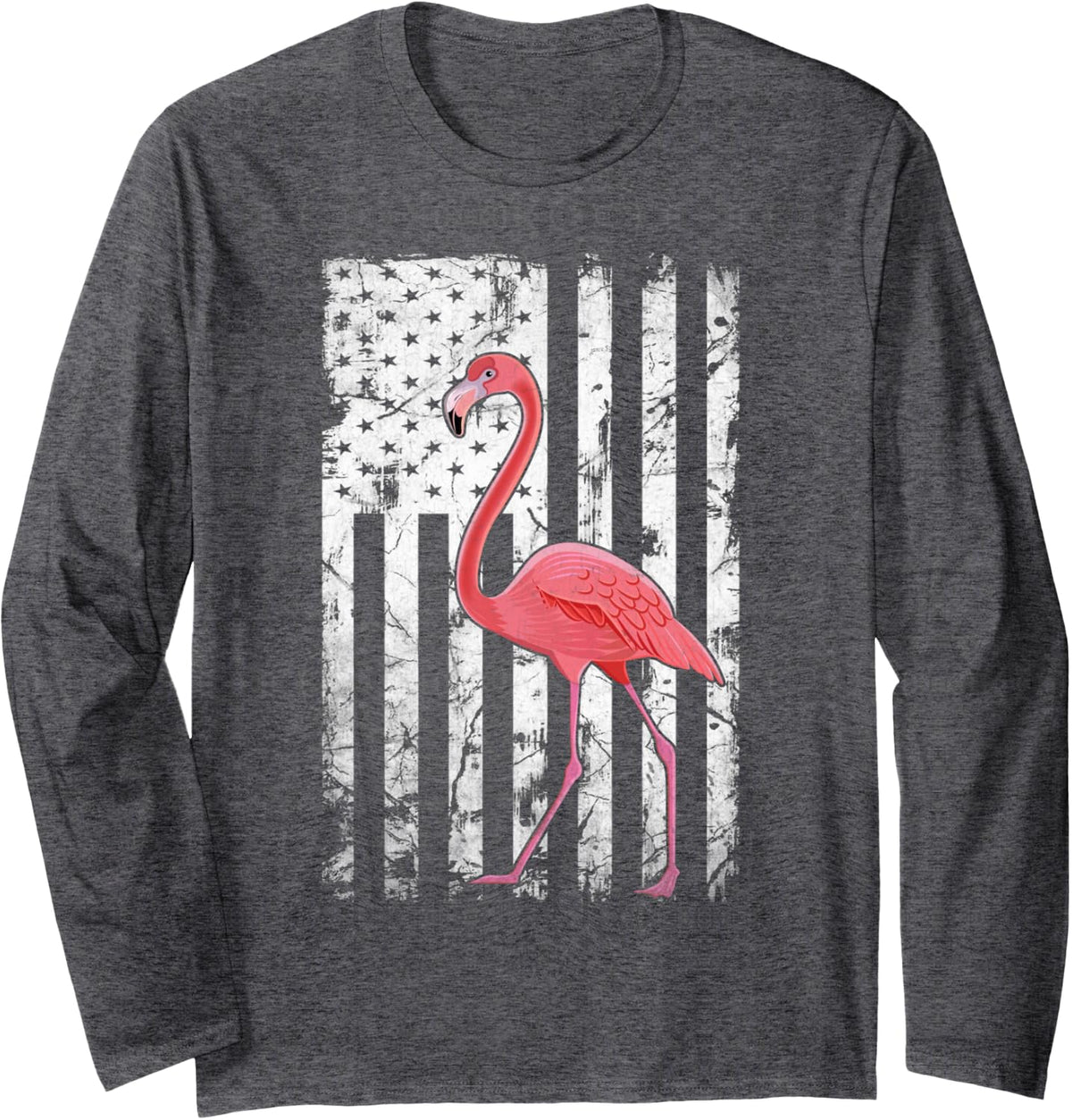 Vintage American Flag Pink Flamingo Patriotic 4th Of July Long Sleeve T-Shirt - Adult Unisex Dark Heather Grey
