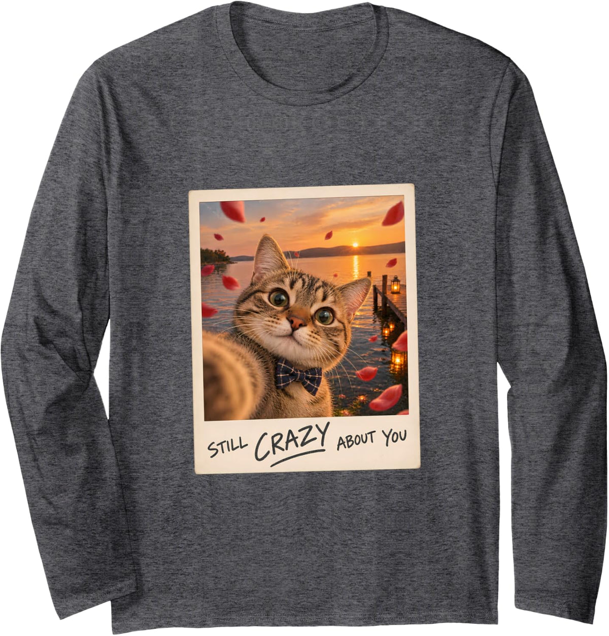 Still Crazy About You Tabby Cat Selfie Funny Long Sleeve T-Shirt - Adult Unisex Dark Heather Grey