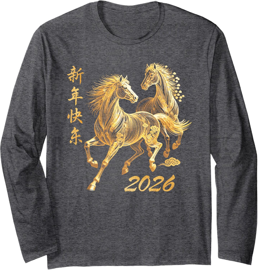 Year of The Horse 2026 Chinese Lunar New Year Horses Art Long Sleeve T-Shirt - Adult Unisex Dark Heather Grey