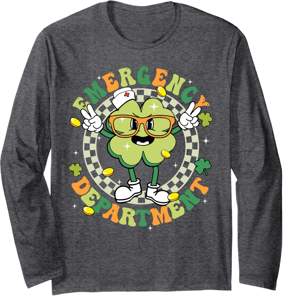 Emergency Department ER Nurse Shamrock St Patrick's Day Long Sleeve T-Shirt - Adult Unisex Dark Heather Grey