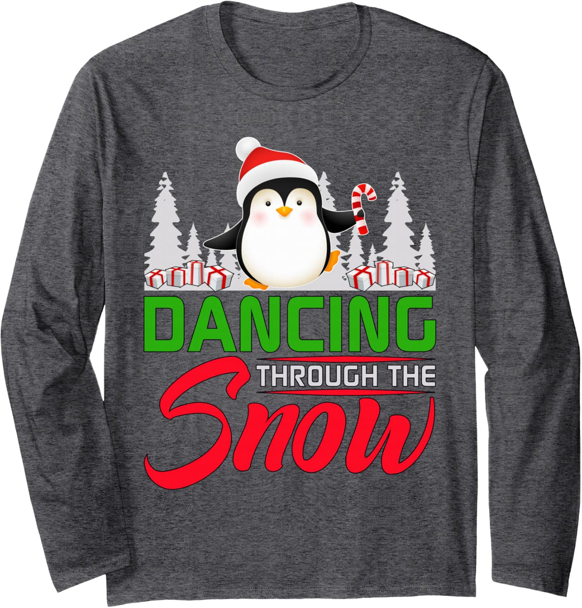 Cute Penguin Dancing Through the Snow Fun Christmas Long Sleeve T-Shirt - Adult Unisex Dark Heather Grey