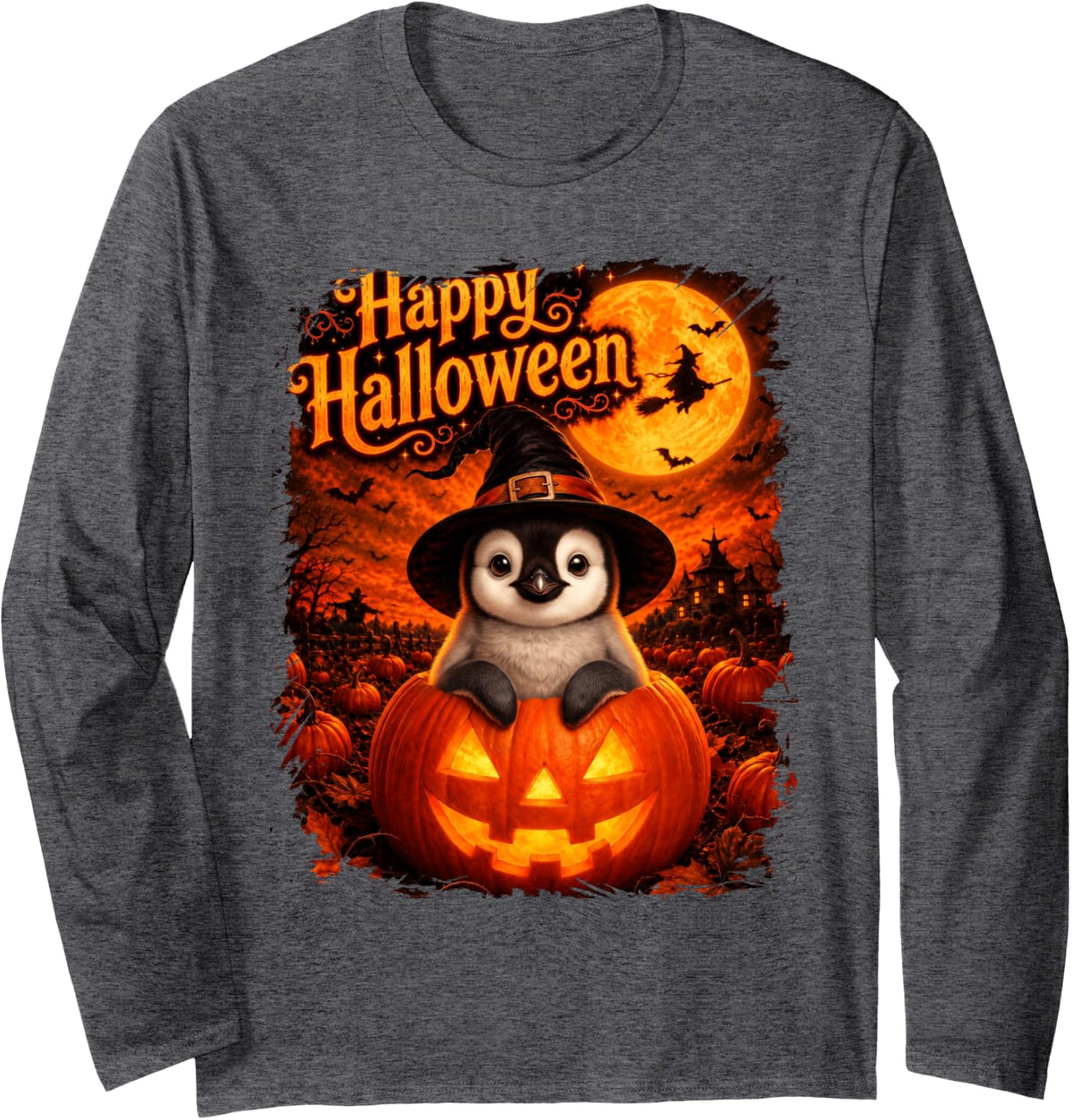 Cute Penguin Bird Happy Halloween Night Long Sleeve T-Shirt - Adult Unisex Dark Heather Grey