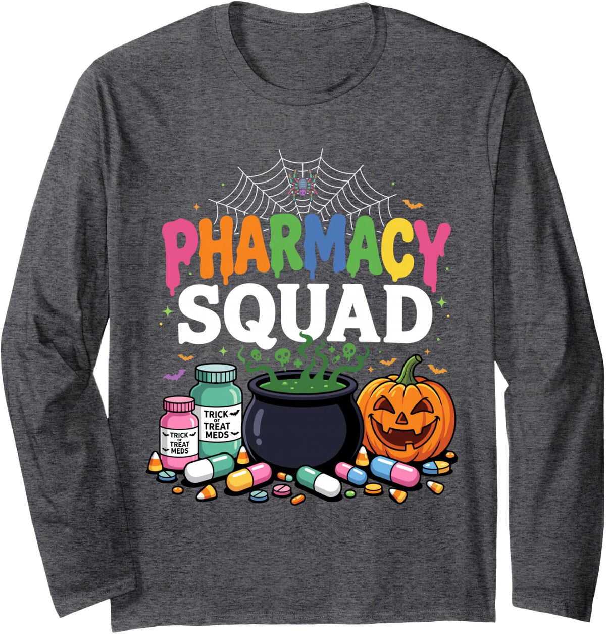 Pharmacy Squad Halloween Vibes Pharmacist Crew Long Sleeve T-Shirt - Adult Unisex Dark Heather Grey