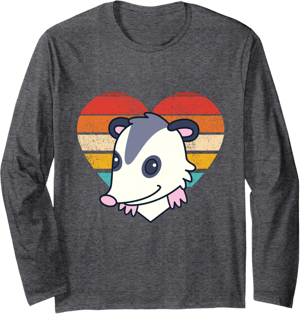Cute Opossum Design Retro Heart Shape Vintage Long Sleeve T-Shirt - Adult Unisex Dark Heather Grey