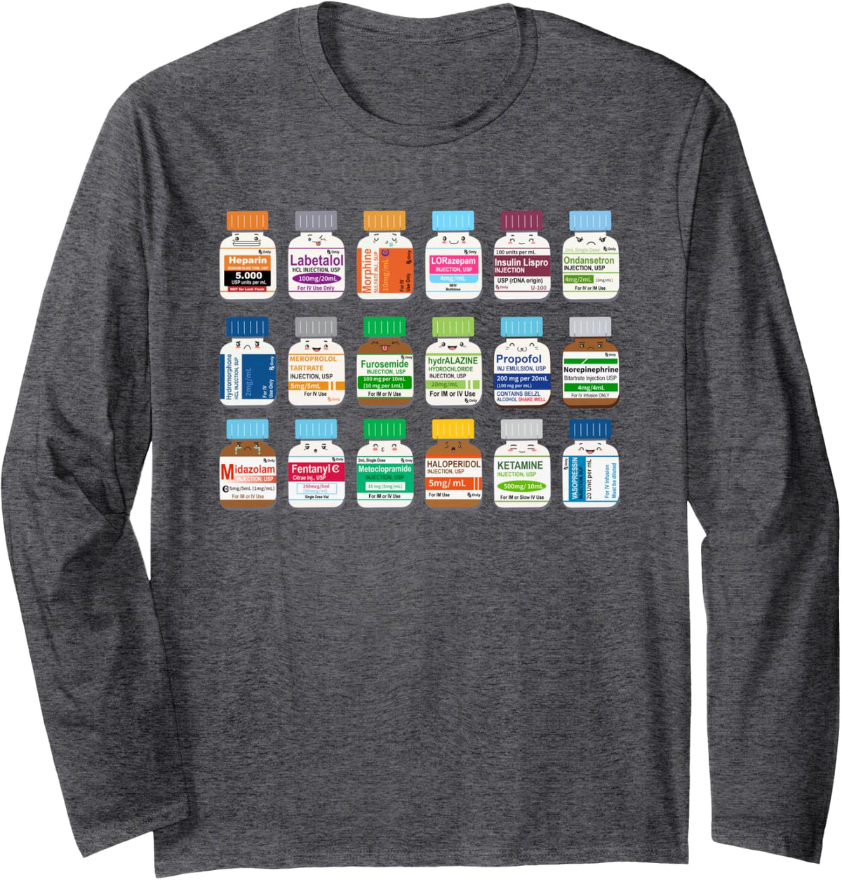 Medication Vial Medical Bottles Nurse Pharmacy Pharmacists Long Sleeve T-Shirt - Adult Unisex Dark Heather Grey