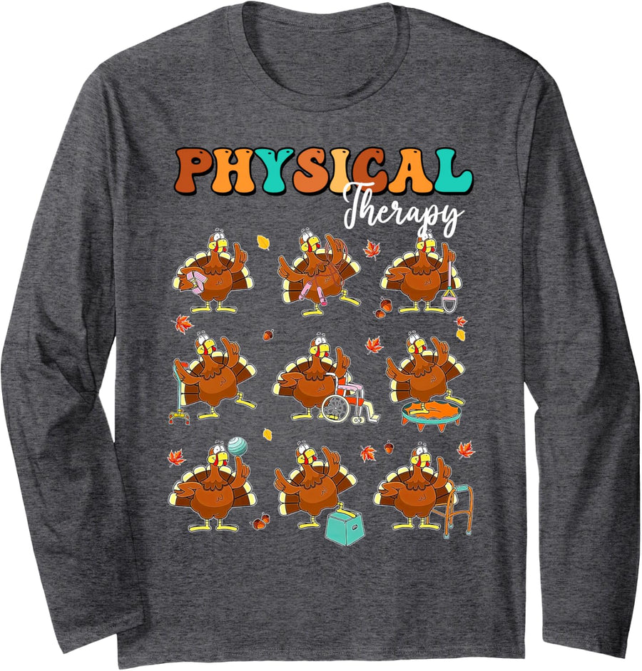 Thankful PT Turkey, Thanksgiving Physical Therapist Long Sleeve T-Shirt - Adult Unisex Dark Heather Grey