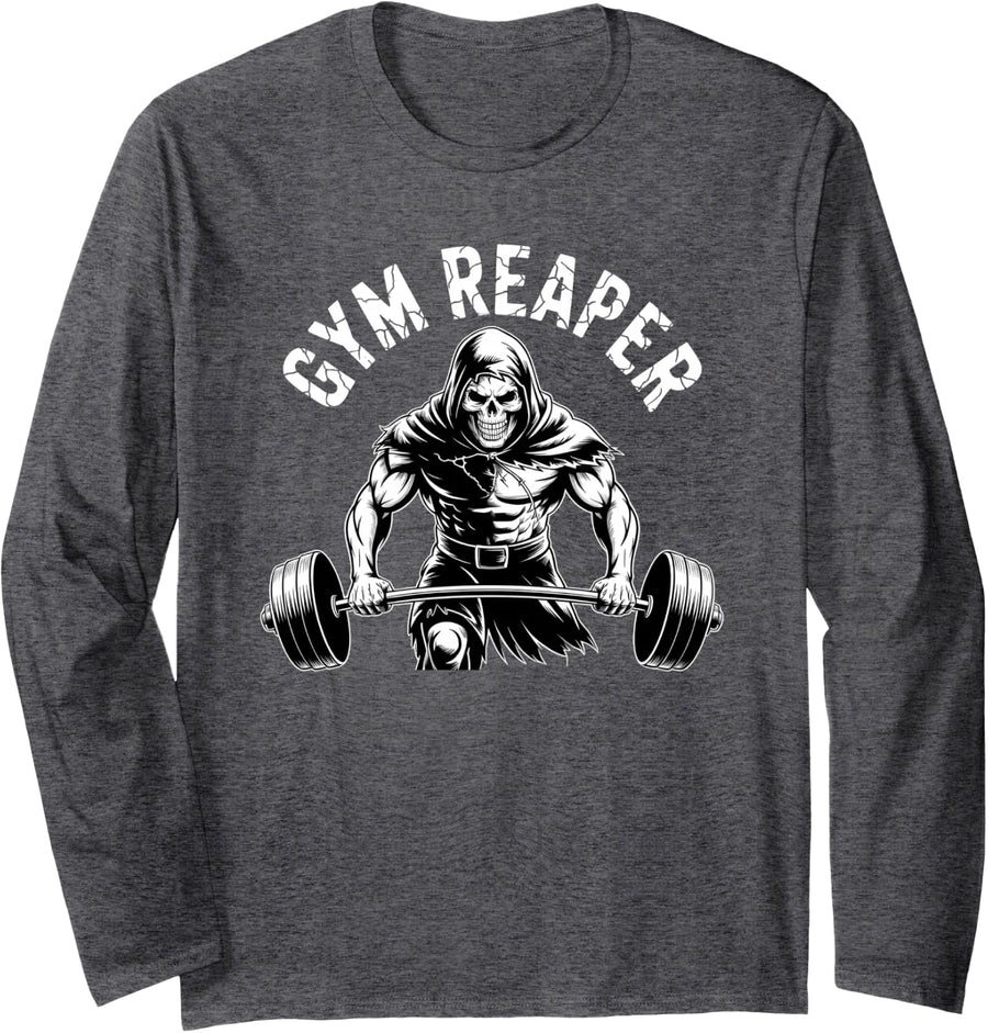 Gym Reaper Skeleton Halloween Funny Weightlifting Fitness Long Sleeve T-Shirt - Adult Unisex Dark Heather Grey
