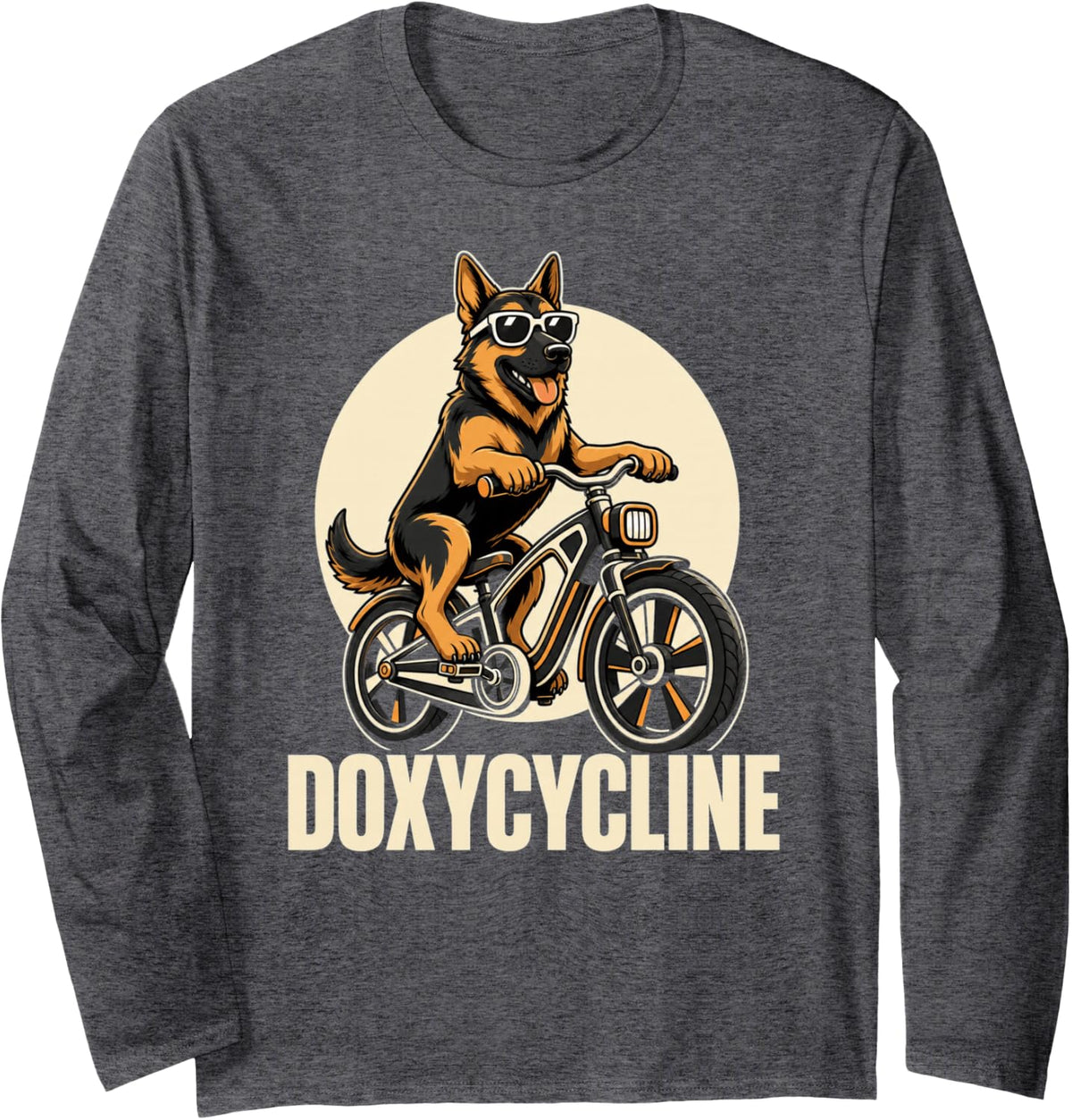 Doxycycline German Shepherd Riding Bicycle Pharmacist Long Sleeve T-Shirt - Adult Unisex Dark Heather Grey