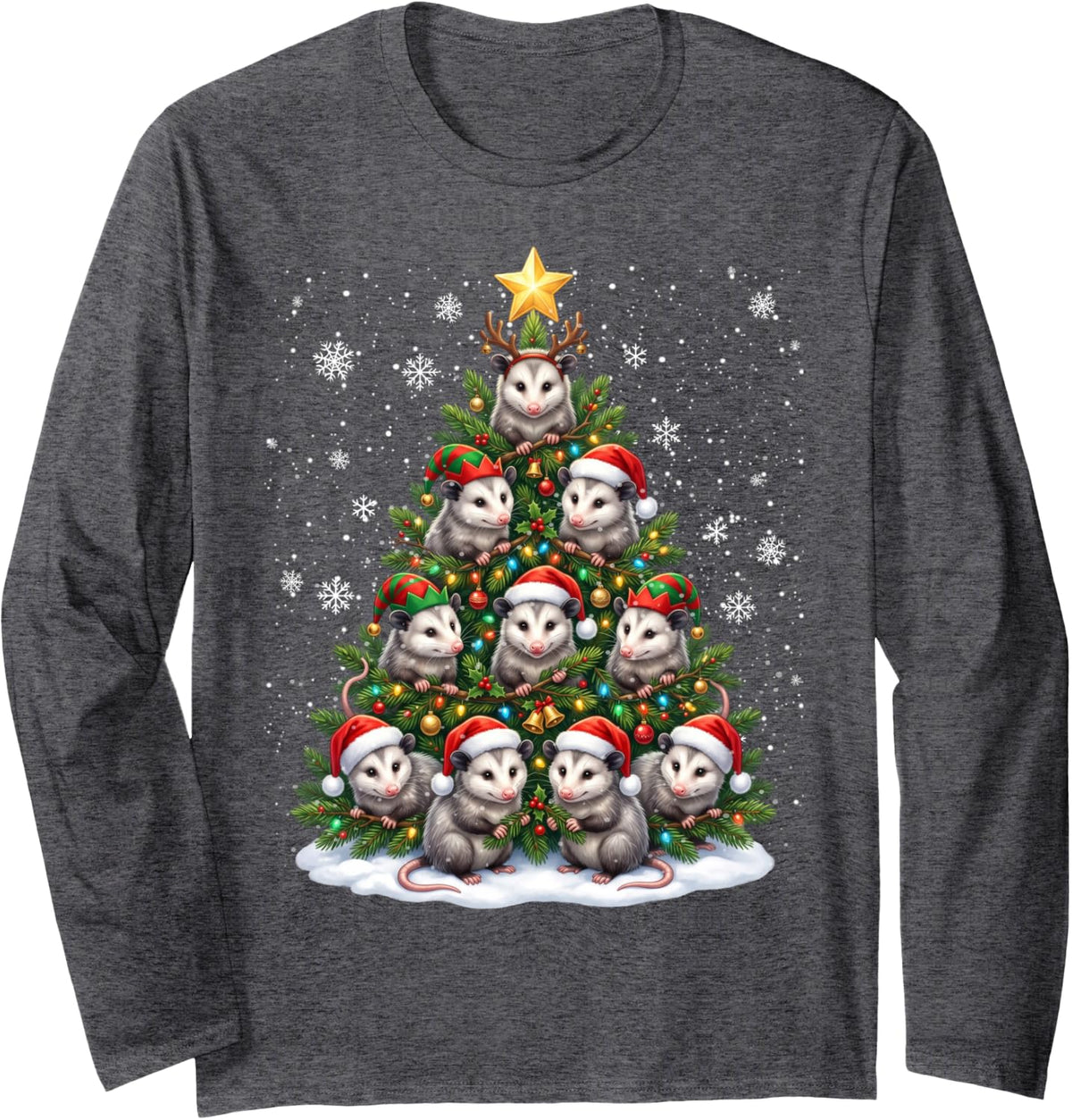 Funny Christmas Tree Opossum Family Xmas Pajamas Long Sleeve T-Shirt - Adult Unisex Dark Heather Grey