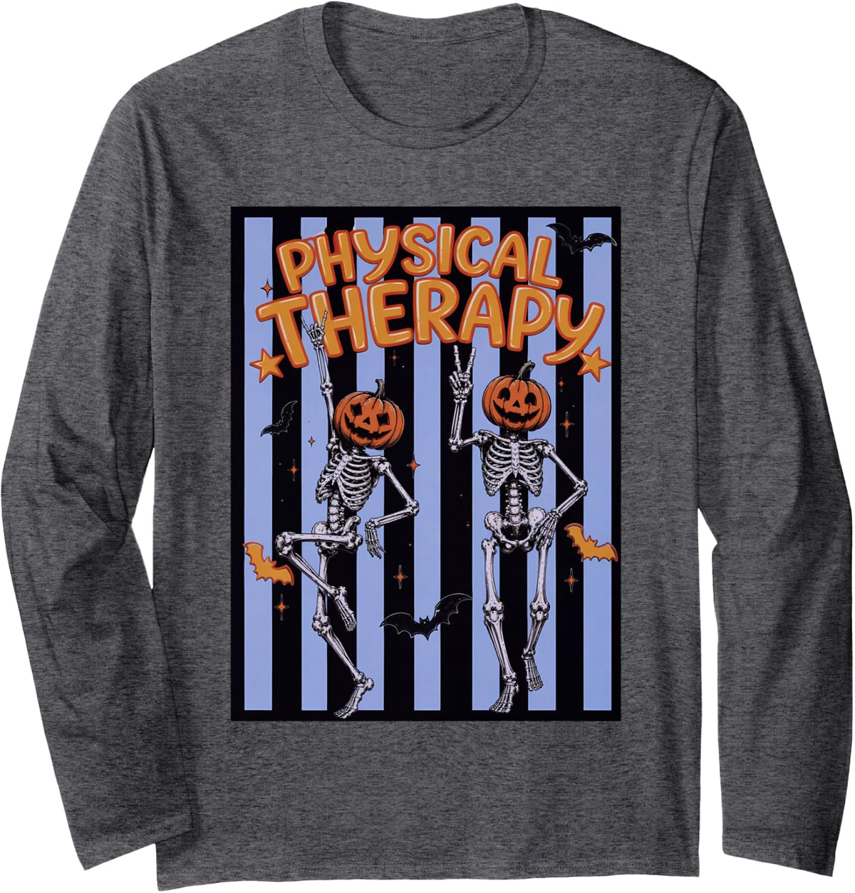 Stripes Physical Therapy Skeleton Dancing Halloween Rehab PT Long Sleeve T-Shirt - Adult Unisex Dark Heather Grey