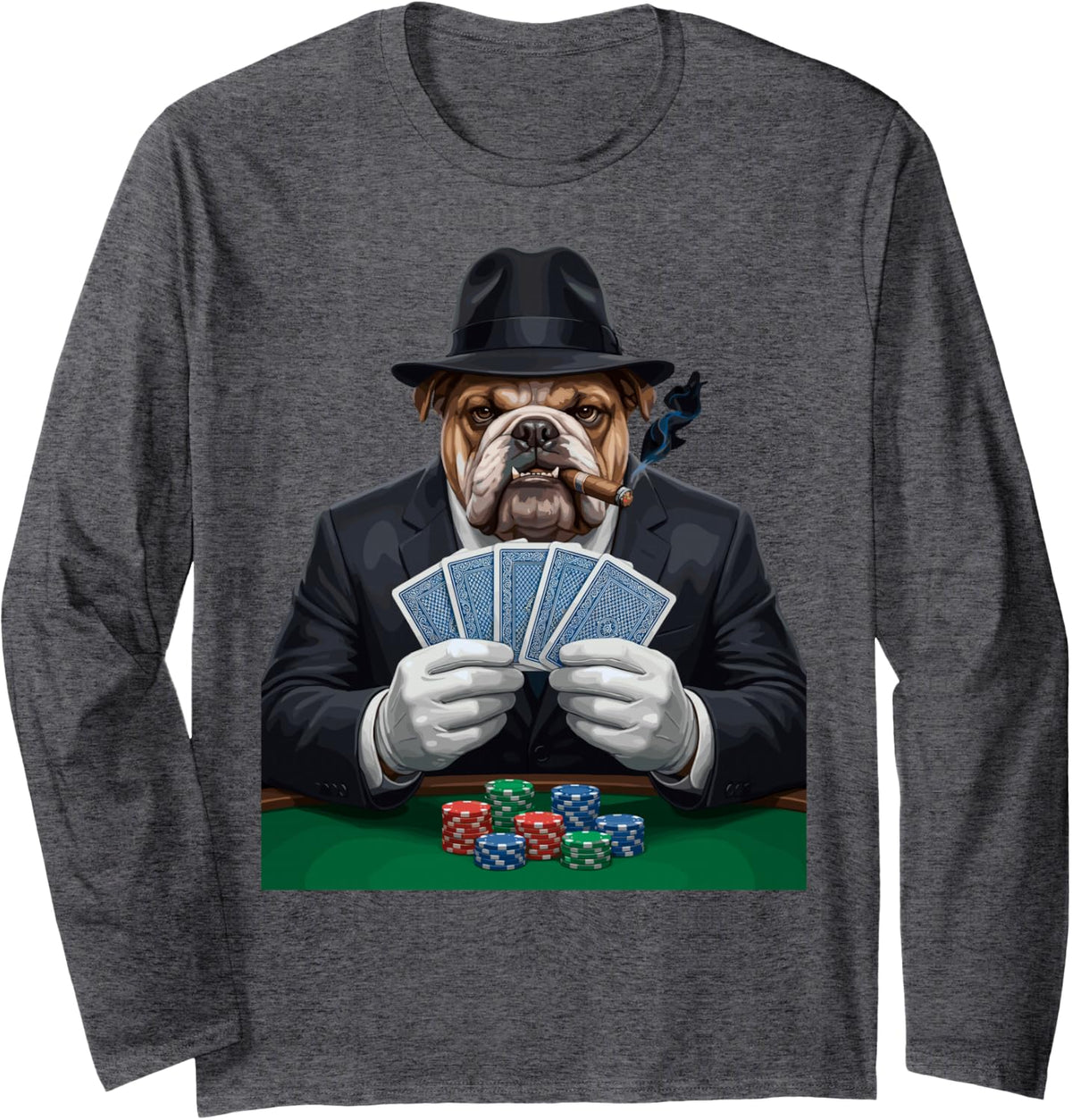 Bulldog Gangster Poker Player Poker Chips Playing Cards Tee Long Sleeve T-Shirt - Adult Unisex Dark Heather Grey