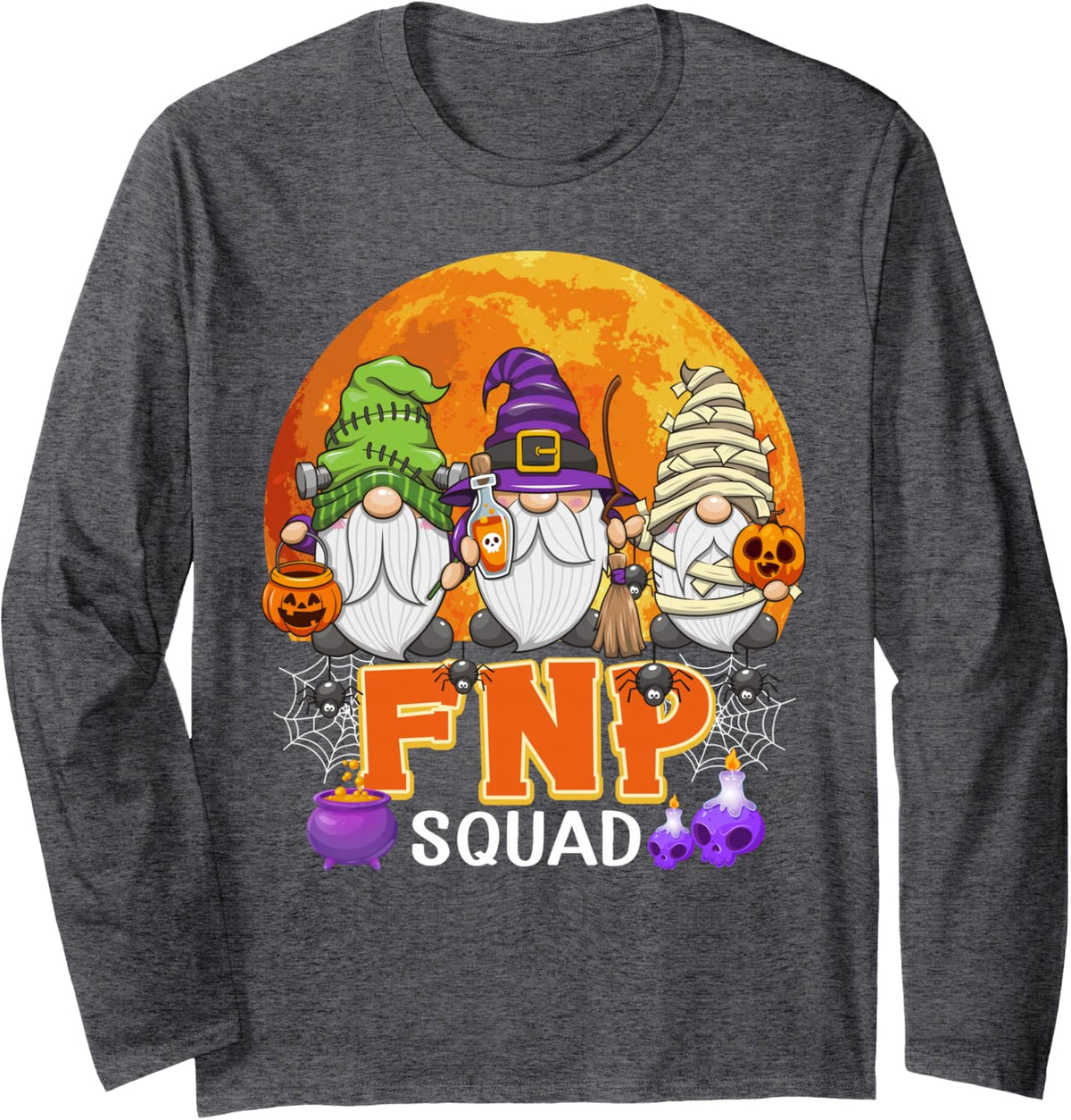 FNP Squad Halloween Family Nurse Practitioner Gnome Matching Long Sleeve T-Shirt - Adult Unisex Dark Heather Grey