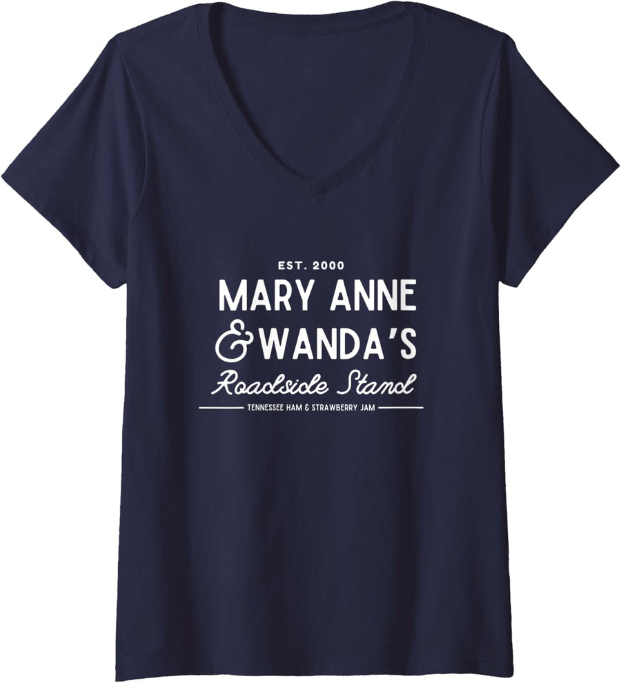 Womens 90’s Country Mary Anne and Wanda’s road stand funny Earl V-Neck T-Shirt - Navy Blue