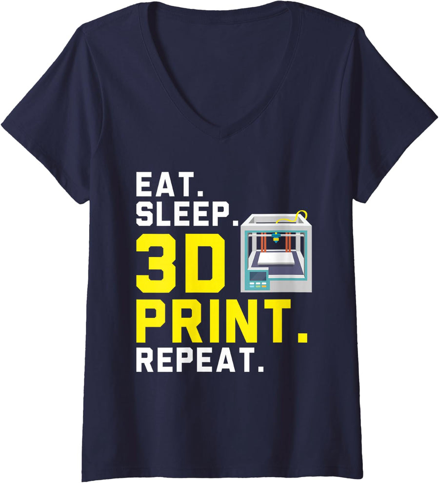 Women's Eat Sleep 3D Print Repeat Machinist CNC Programmer 3D Print V-Neck T-Shirt - Navy Blue