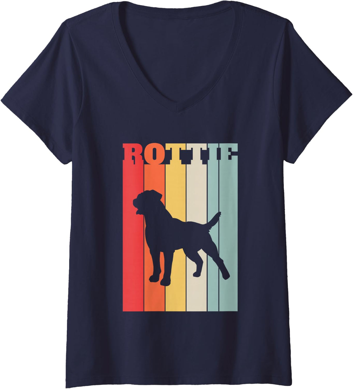 Women's Rottweiler Dog Silhouette, Retro Striped Style V-Neck T-Shirt - Navy Blue