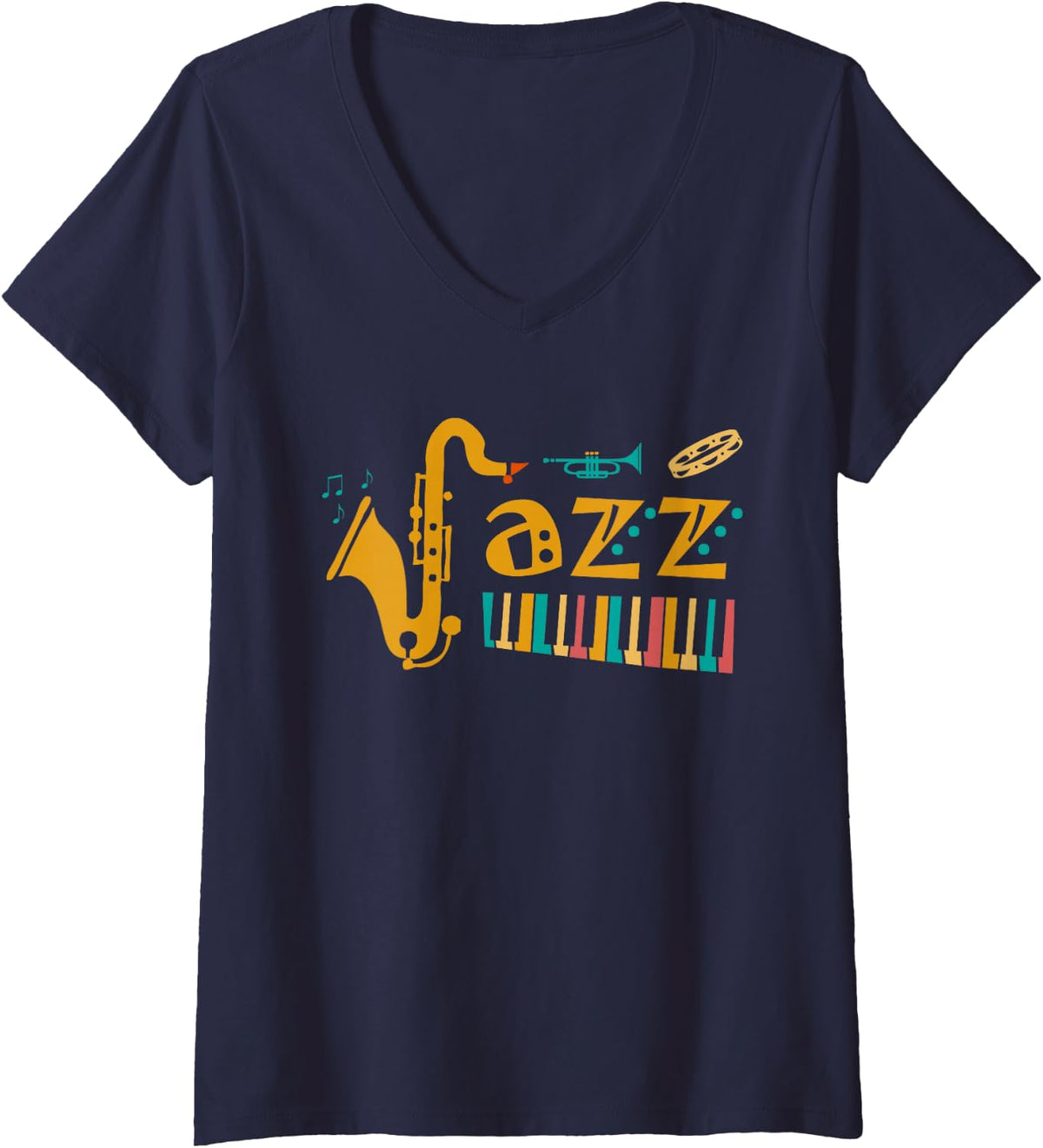 Women's Jazz Music Saxophone Piano Trumpet Retro Musician V-Neck T-Shirt - Navy Blue