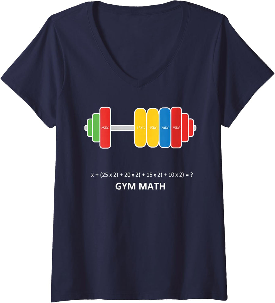 Women's Weightlifter Barbell Plate Calculation Funny Math Gym V-Neck T-Shirt - Navy Blue