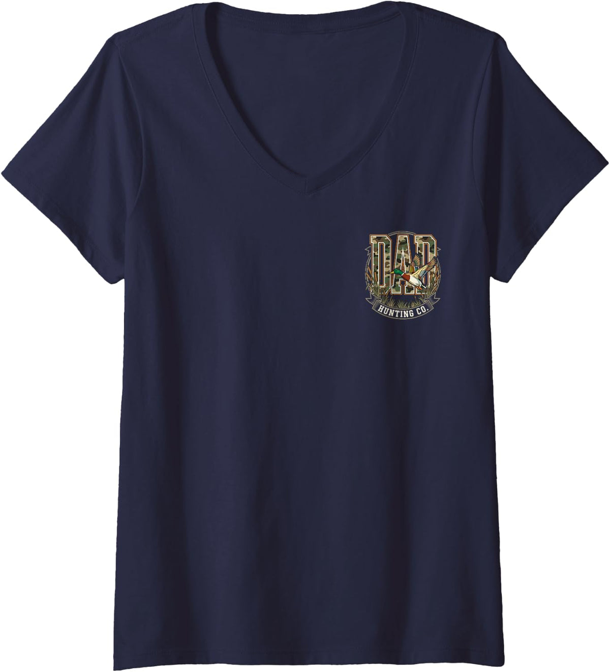 Women's Dad Camo Mallard Duck Outdoors Hunting Fathers Day V-Neck T-Shirt - Navy Blue