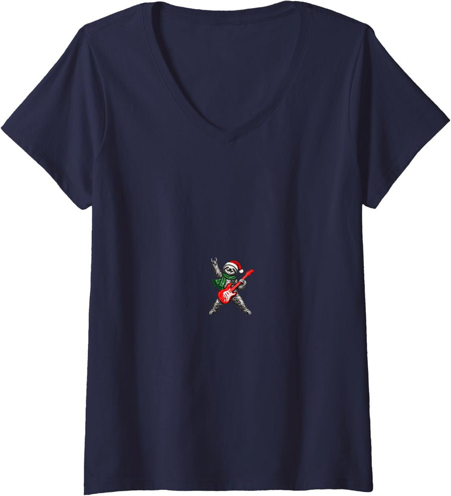 Women's Vintage Sloth Rock Playing Guitar Funny Christmas V-Neck T-Shirt - Navy Blue