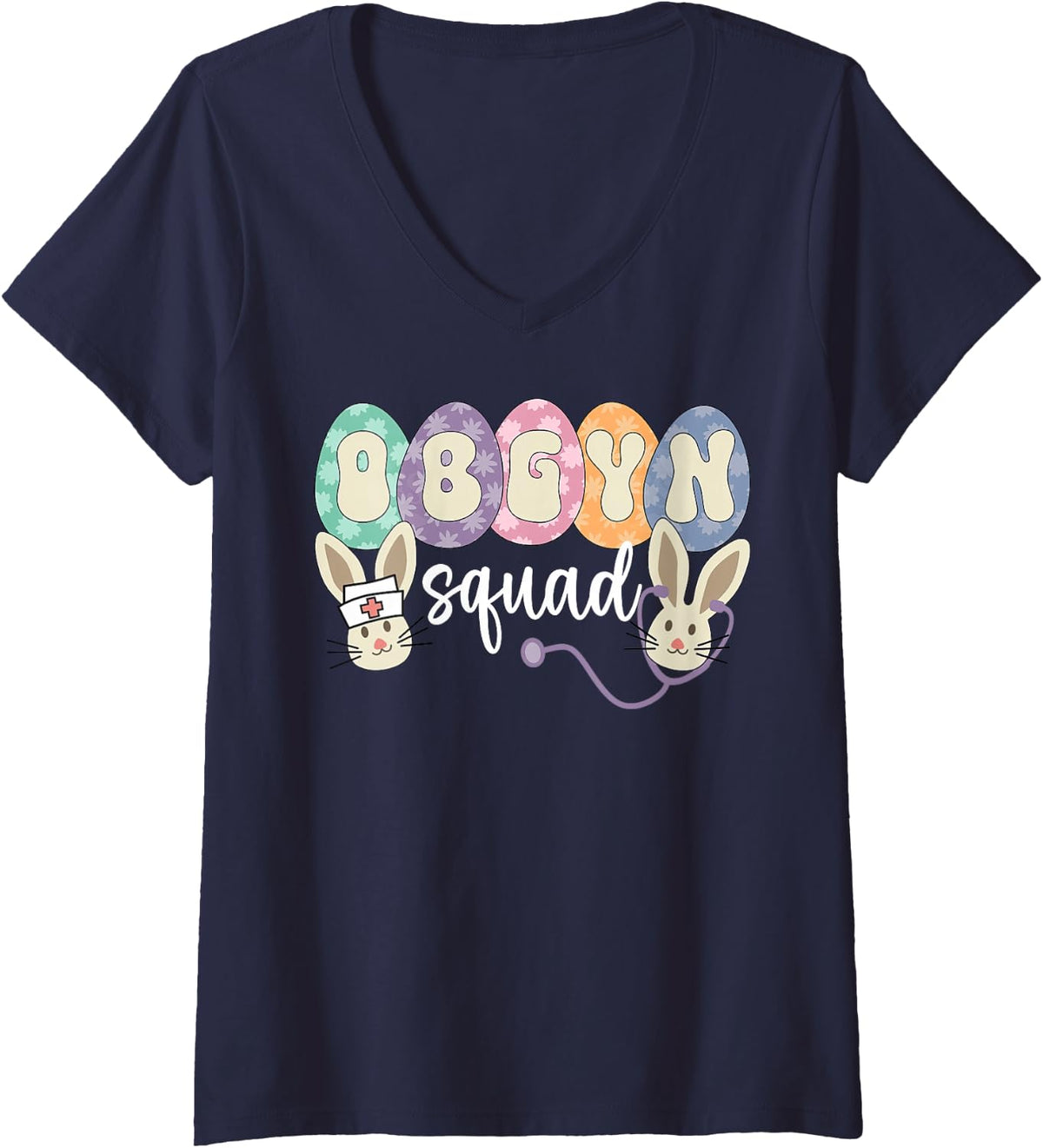 Women's OBGYN Squad Eggs Easter Obstetrician Gynecologist Nurse V-Neck T-Shirt - Navy Blue