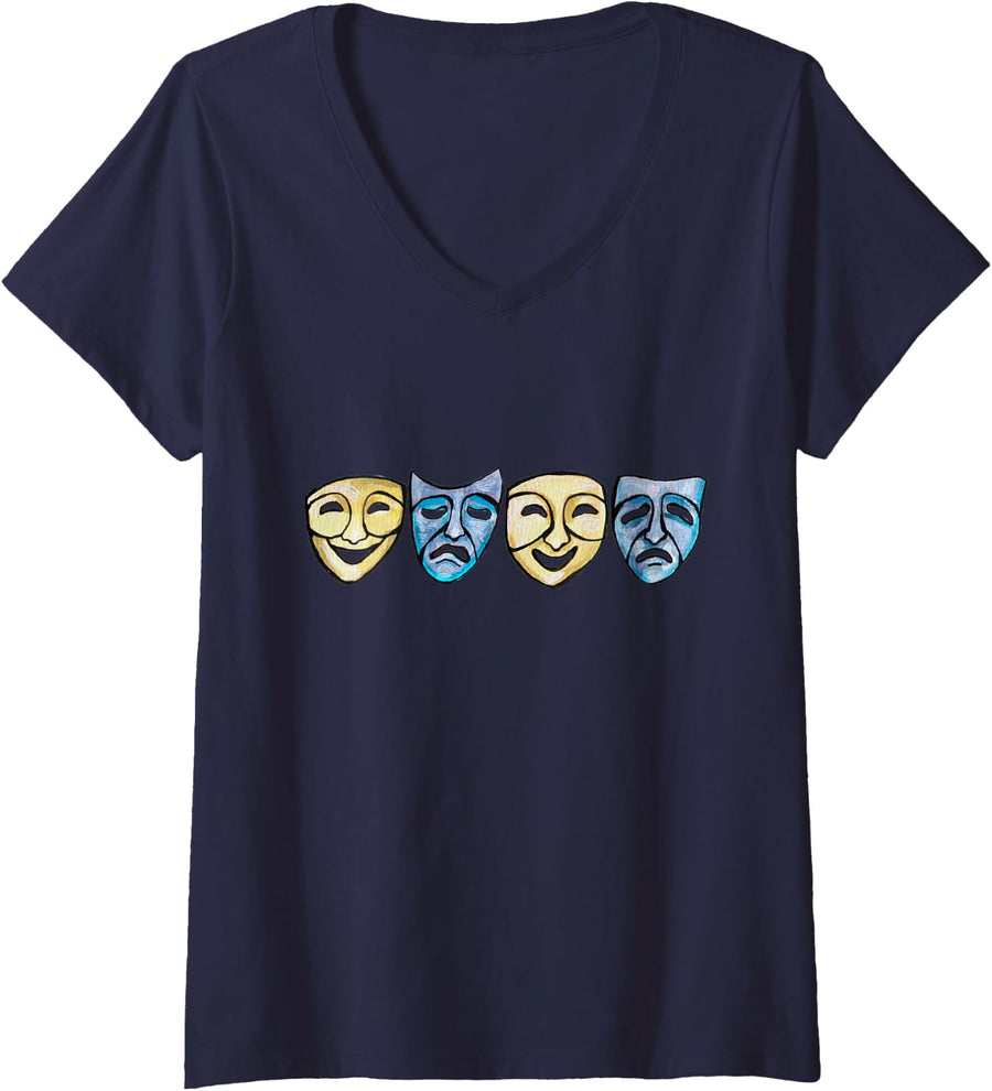 Women's Theater Comedy and Tragedy Drama Masks Thespian Actor V-Neck T-Shirt - Navy Blue