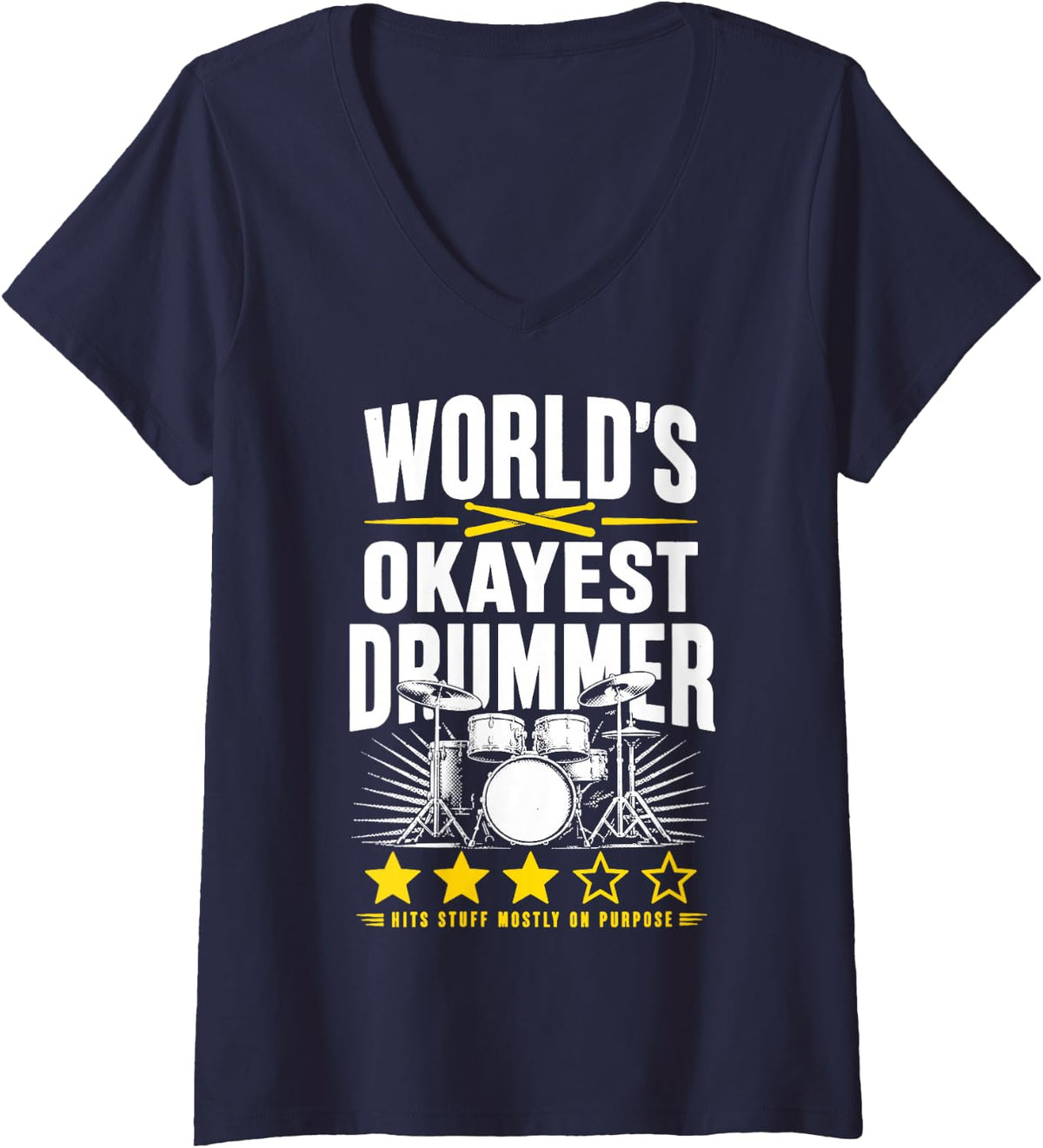 Women's Drummer Percussion Band Drum Set Drumming V-Neck T-Shirt - Navy Blue