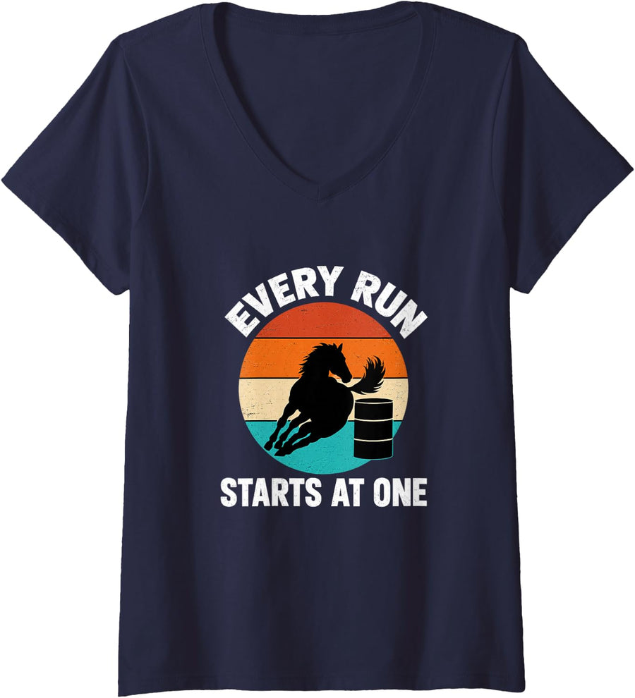 Women's Barrel Racer Rodeo Cowgirl Retro V-Neck T-Shirt - Navy Blue