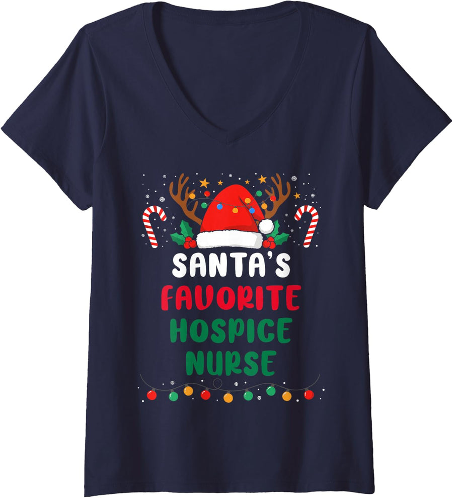 Women's Santa's Favorite Hospice Nurse - Funny Christmas Xmas V-Neck T-Shirt - Navy Blue
