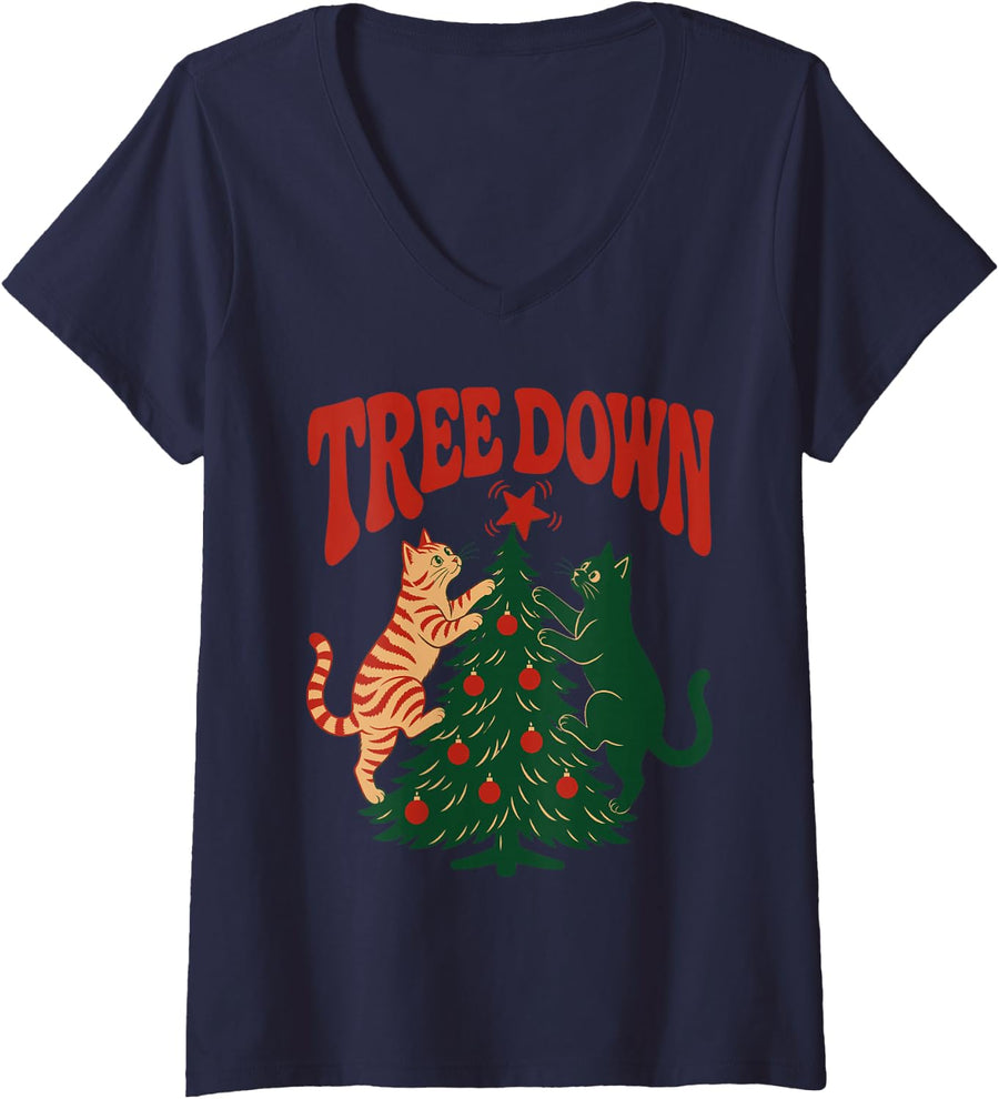Women's Tree Down Cat Christmas Tabby and Black Cat V-Neck T-Shirt - Navy Blue
