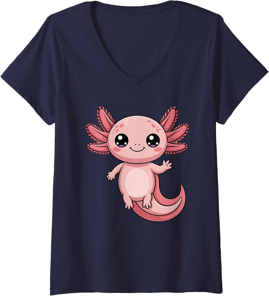 Women's Electric Blue and Pink Axolotl Design V-Neck T-Shirt - Navy Blue