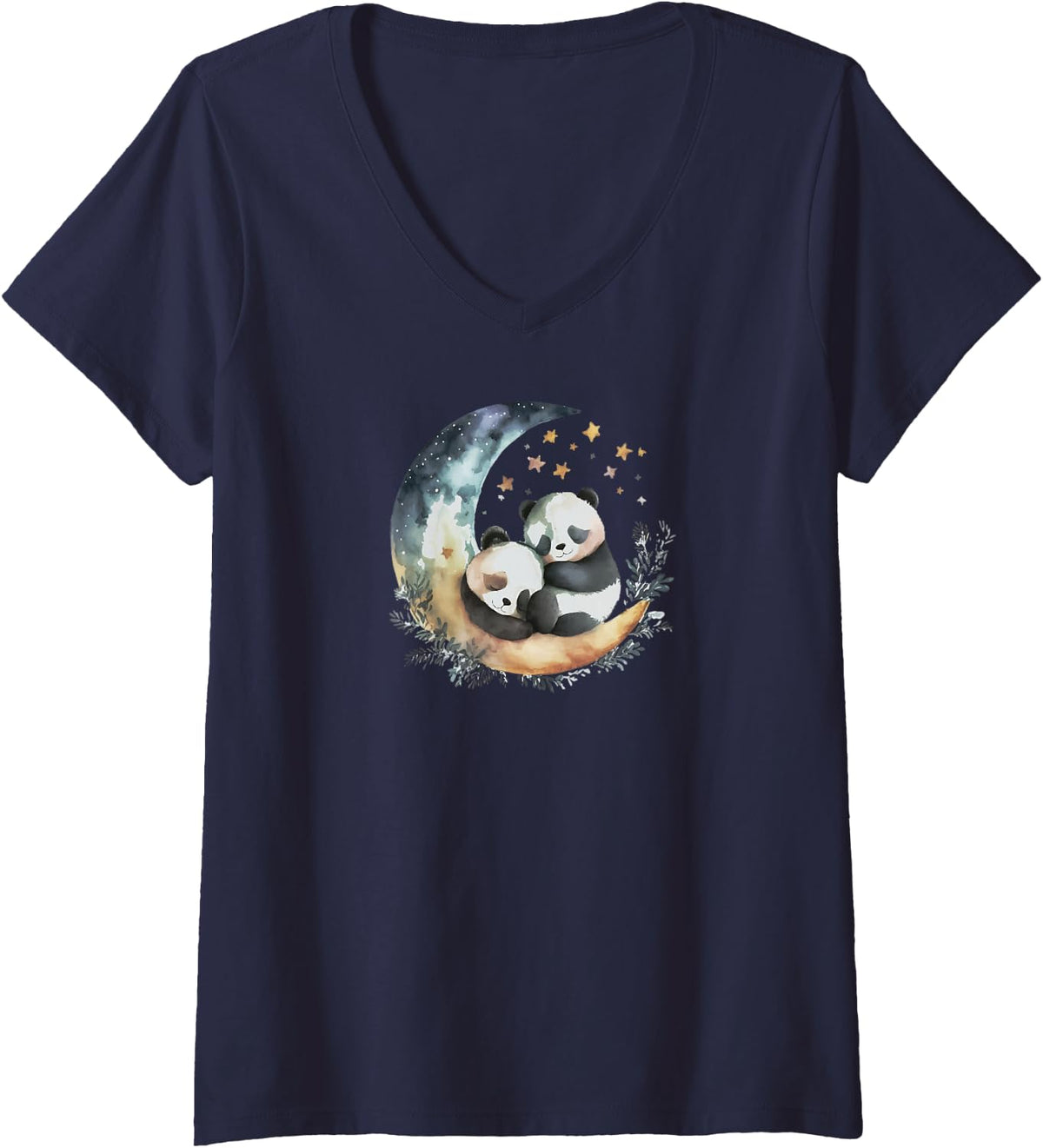 Women's Panda Bear Mom Baby Panda Giant Moon V-Neck T-Shirt - Navy Blue