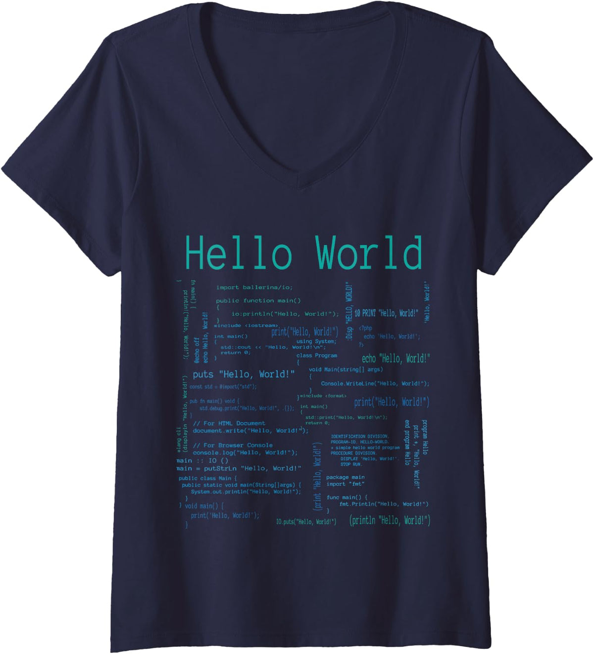 Women's Hello World Computer Programming Languages V-Neck T-Shirt - Navy Blue