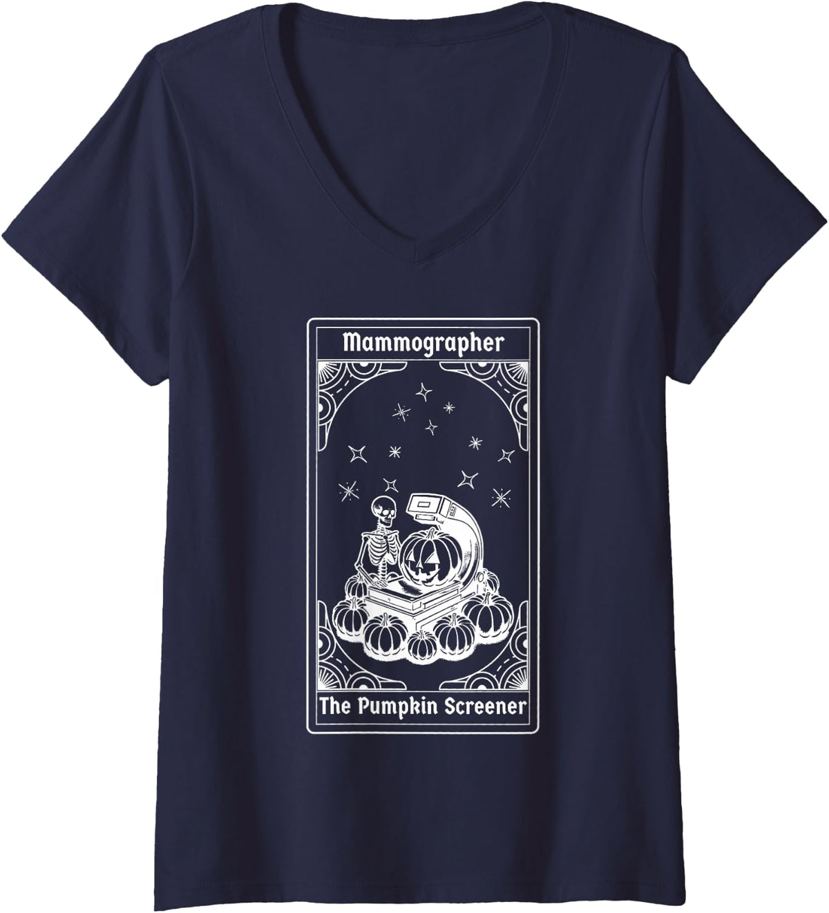 Women's Mammographer Skeleton Tarot Card Radiography Tech Halloween V-Neck T-Shirt - Navy Blue