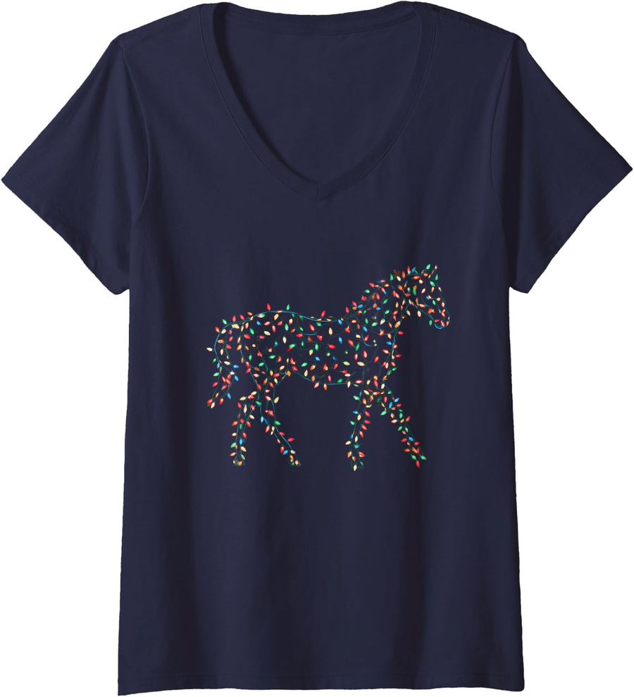 Women's Horse Girl Christmas Lights Festive Xmas Horseback Riding V-Neck T-Shirt - Navy Blue