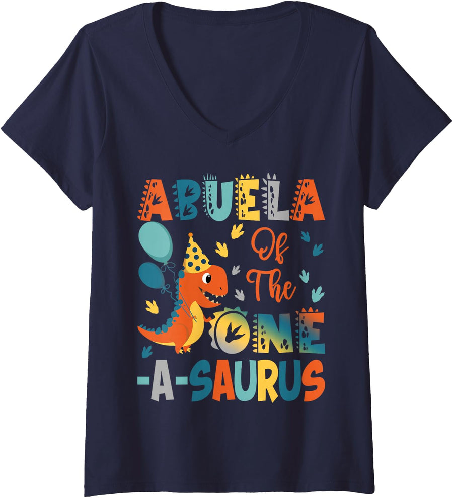Women's Abuela of The One-A-Saurus 2Nd Birthday Dinosaur Party V-Neck T-Shirt - Navy Blue