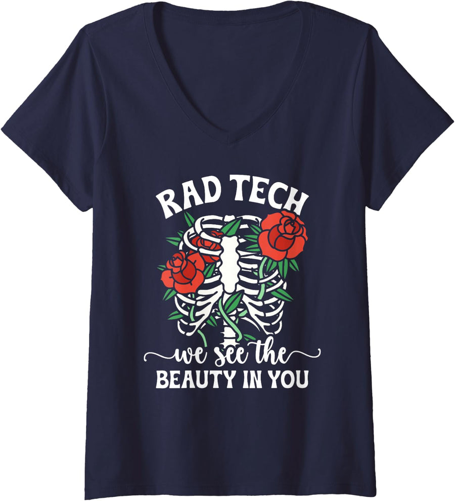 Women's Rad Tech We See The Beauty in You Radiology Tech V-Neck T-Shirt - Navy Blue